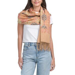 JESSICA MCCLINTOCK camel multi Embroidered Scarf With Fringe